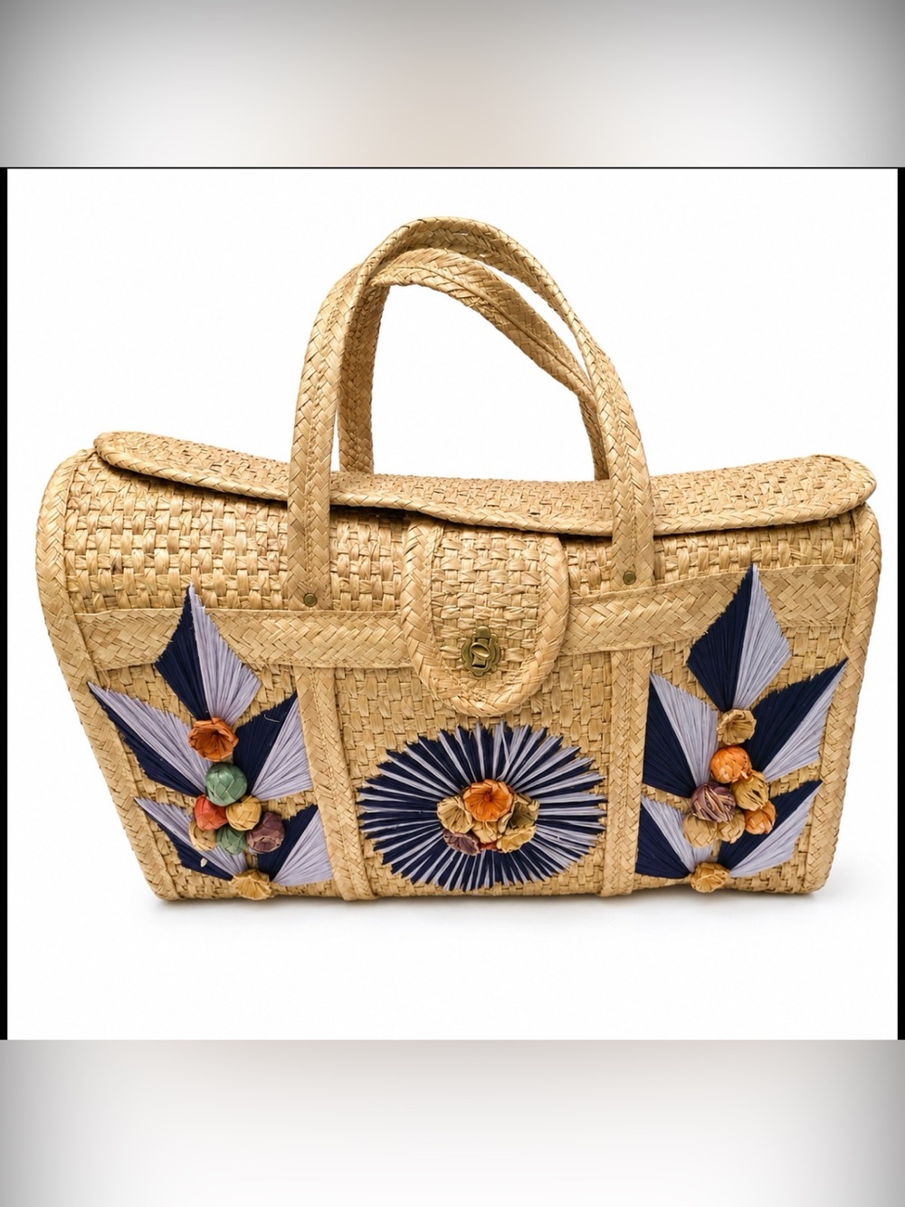 Vintage Mexico Hand Woven Straw Raffia Wicker Beach Tote Market Bag Purse Summer - Picture 3 of 6
